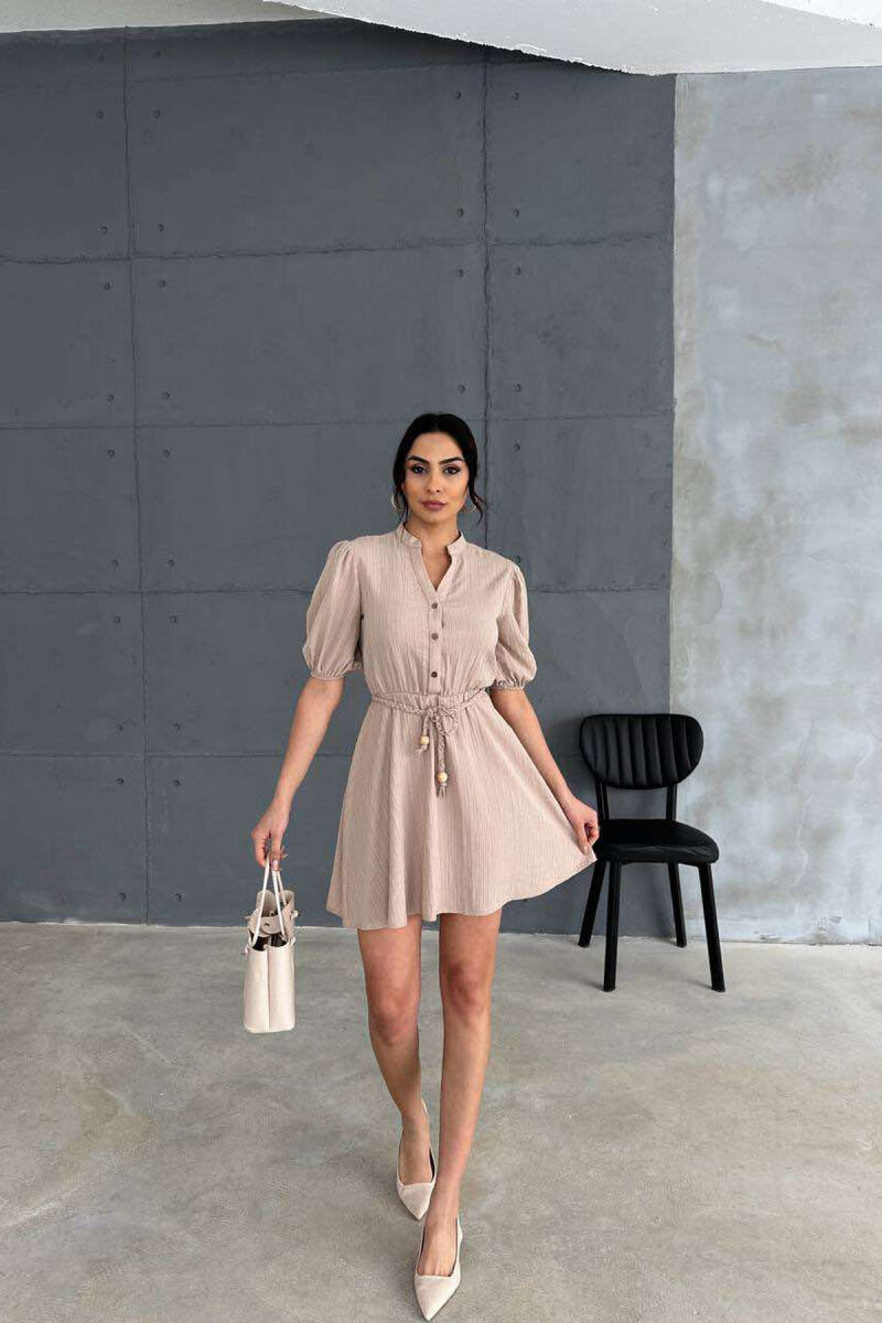 FRONT BUTTONS BELT DETAIL WOMEN DRESS BEIGE/BEZHE - 1