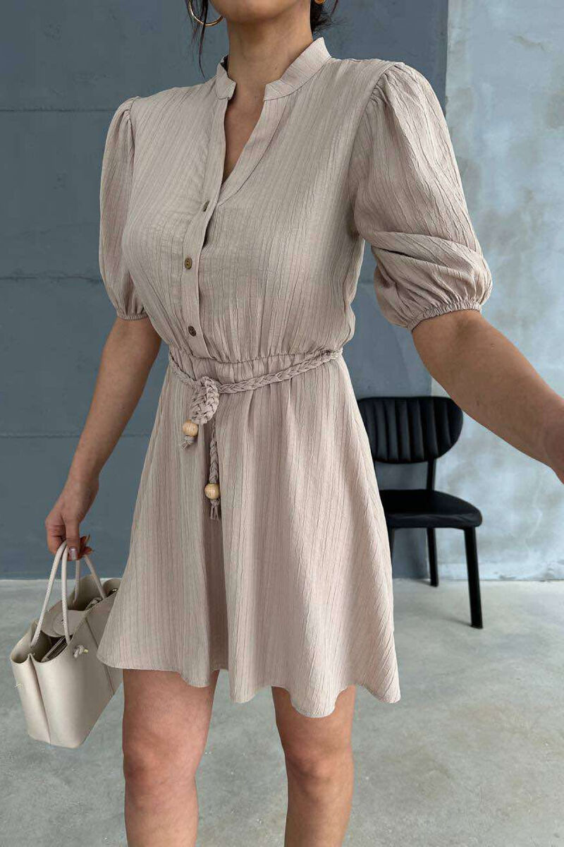FRONT BUTTONS BELT DETAIL WOMEN DRESS BEIGE/BEZHE - 2