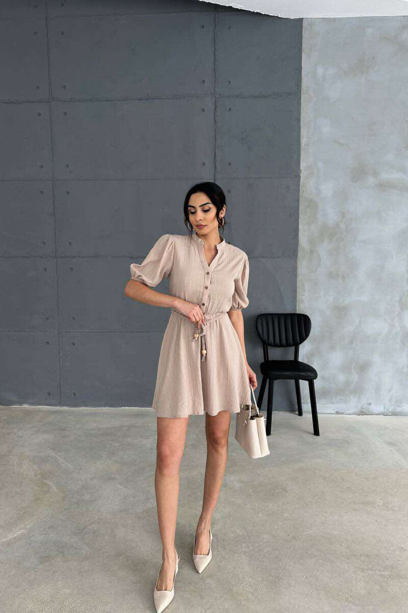 FRONT BUTTONS BELT DETAIL WOMEN DRESS BEIGE/BEZHE - 3