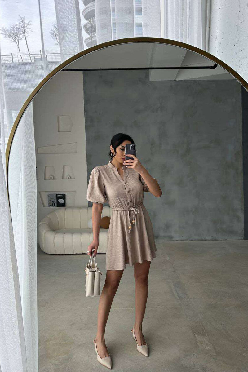 FRONT BUTTONS BELT DETAIL WOMEN DRESS BEIGE/BEZHE - 4