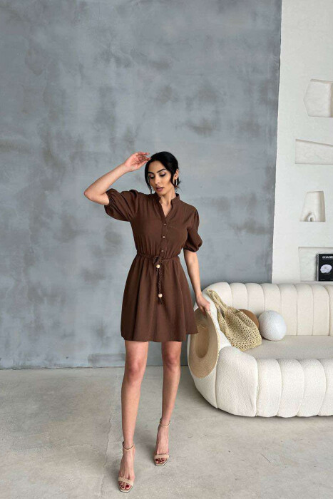 FRONT BUTTONS BELT DETAIL WOMEN DRESS BROWN/KAFE 