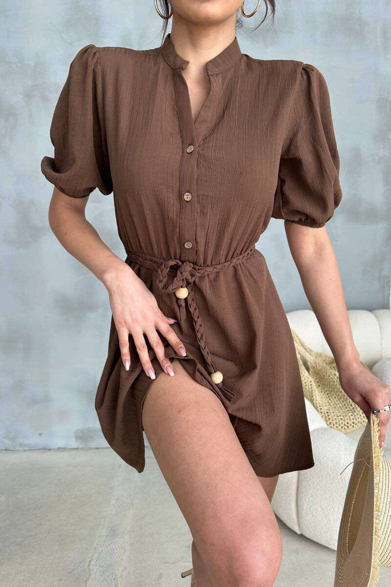 FRONT BUTTONS BELT DETAIL WOMEN DRESS BROWN/KAFE - 2
