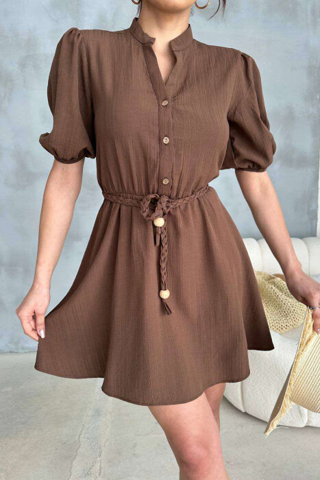 FRONT BUTTONS BELT DETAIL WOMEN DRESS BROWN/KAFE - 3