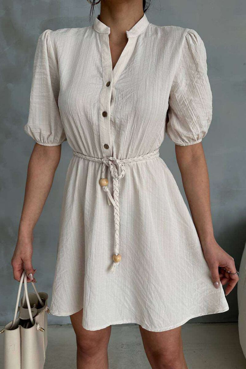 FRONT BUTTONS BELT DETAIL WOMEN DRESS CREAM/KREM - 3
