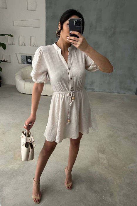FRONT BUTTONS BELT DETAIL WOMEN DRESS CREAM/KREM - 4