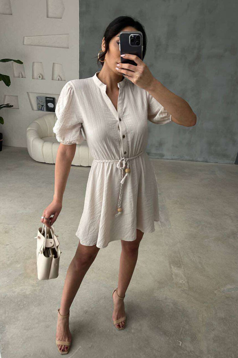 FRONT BUTTONS BELT DETAIL WOMEN DRESS CREAM/KREM - 4