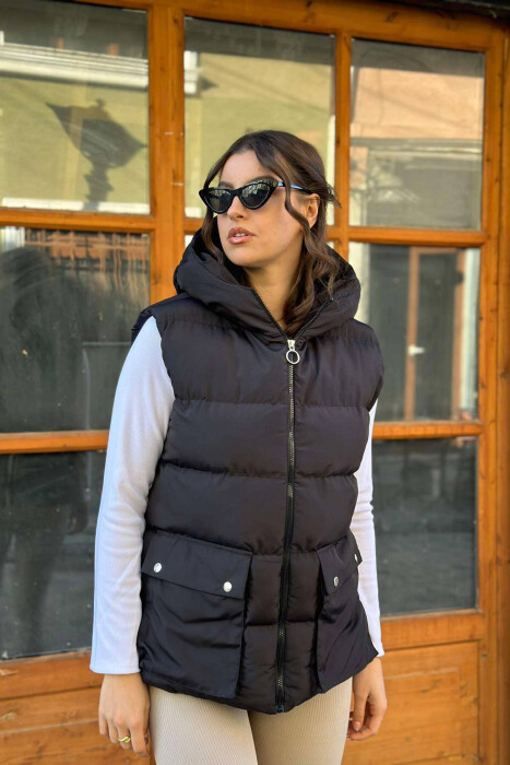 FRONT BUTTONS POCKET WOMEN VEST BLACK/ E ZEZE - 1