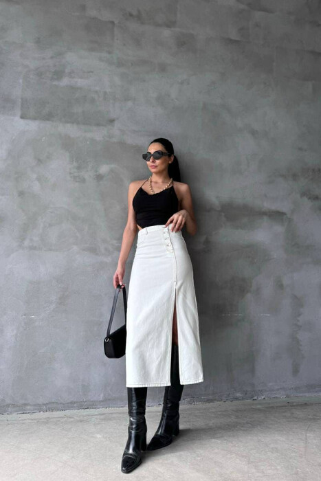 FRONT CUT BUTTONS DENIM WOMEN SKIRT CREAM/KREM - 1
