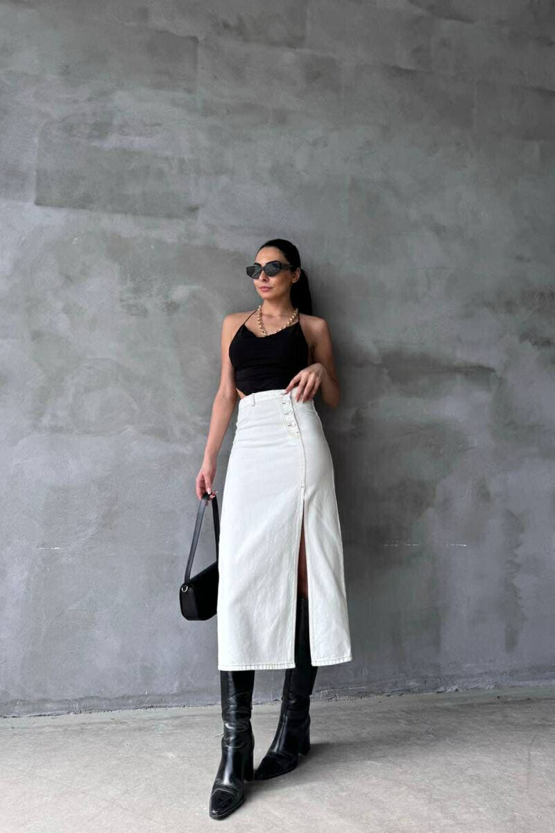 FRONT CUT BUTTONS DENIM WOMEN SKIRT CREAM/KREM - 1