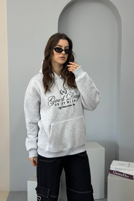 FRONT DESIGN FLUFFY ONE COLOR WOMEN HOODIE LIGHT GREY/GZ 