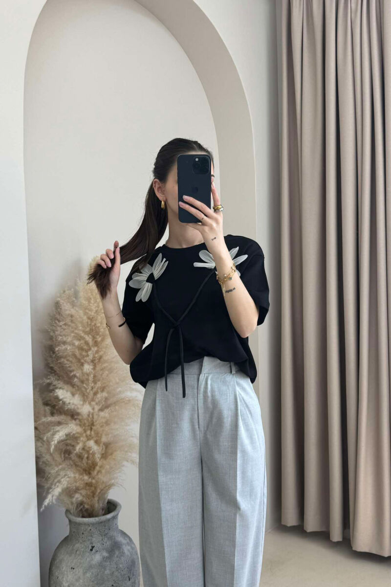 FRONT FLOWERS DESIGN WOMEN T-SHIRT BLACK/ E ZEZE - 2