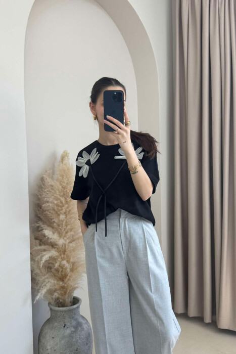 FRONT FLOWERS DESIGN WOMEN T-SHIRT BLACK/ E ZEZE - 3