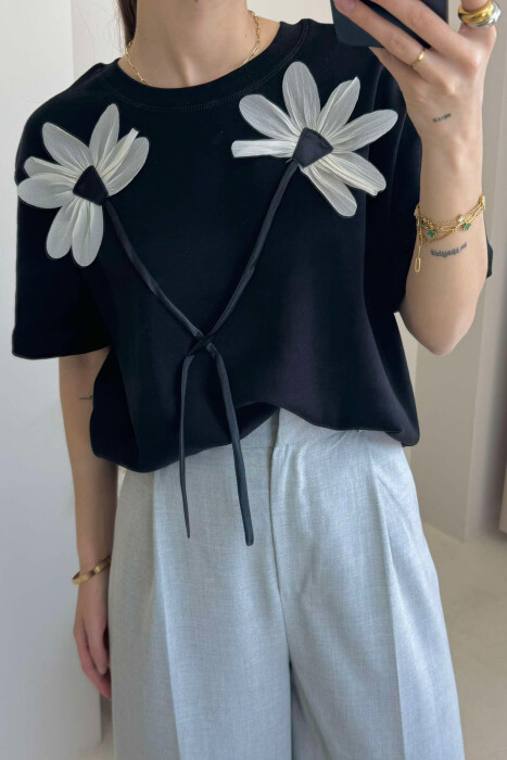 FRONT FLOWERS DESIGN WOMEN T-SHIRT BLACK/ E ZEZE - 4