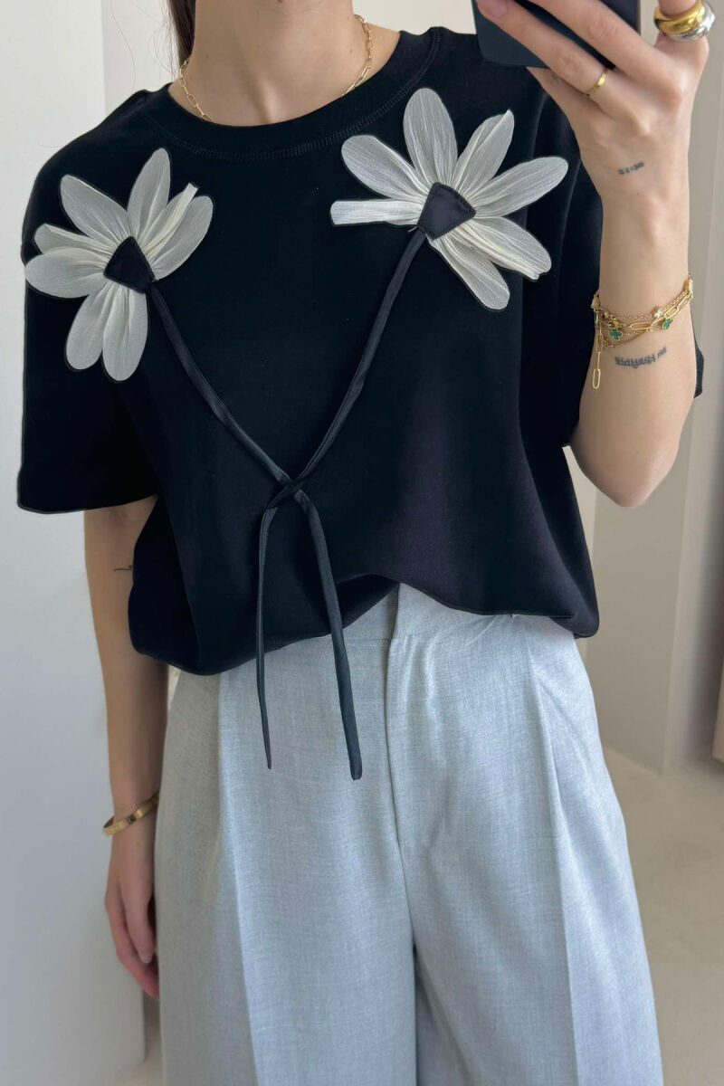 FRONT FLOWERS DESIGN WOMEN T-SHIRT BLACK/ E ZEZE - 4