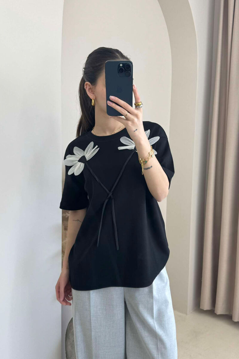 FRONT FLOWERS DESIGN WOMEN T-SHIRT BLACK/ E ZEZE - 5