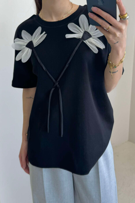 FRONT FLOWERS DESIGN WOMEN T-SHIRT BLACK/ E ZEZE 