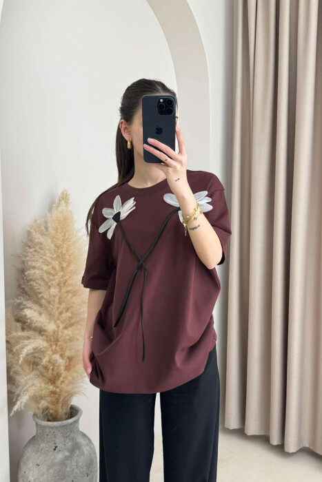 FRONT FLOWERS DESIGN WOMEN T-SHIRT BROWN/KAFE 