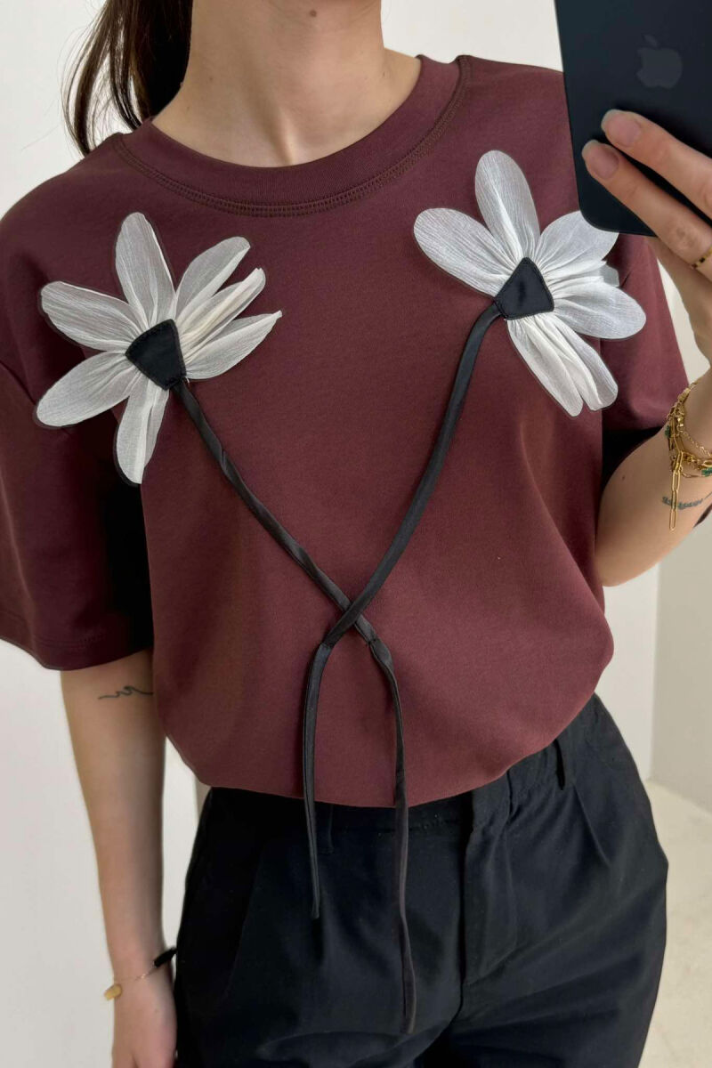 FRONT FLOWERS DESIGN WOMEN T-SHIRT BROWN/KAFE - 2