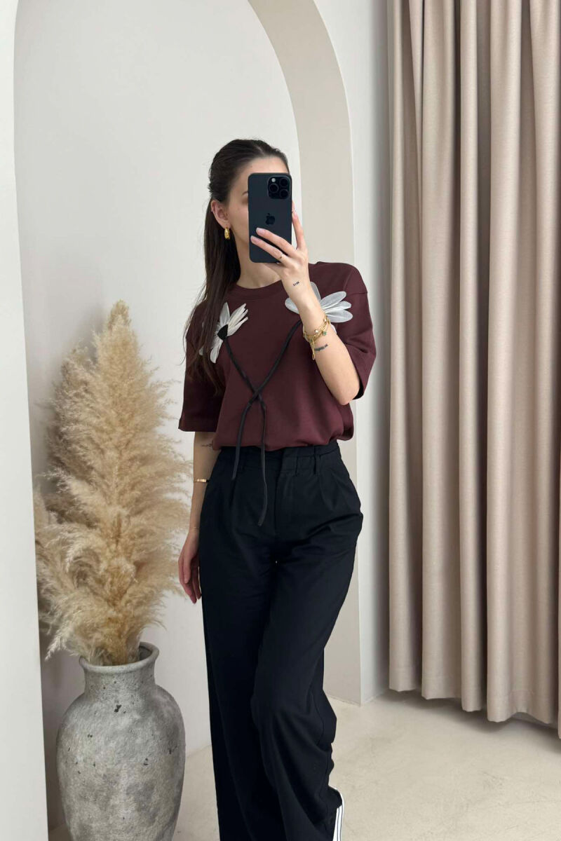 FRONT FLOWERS DESIGN WOMEN T-SHIRT BROWN/KAFE - 4