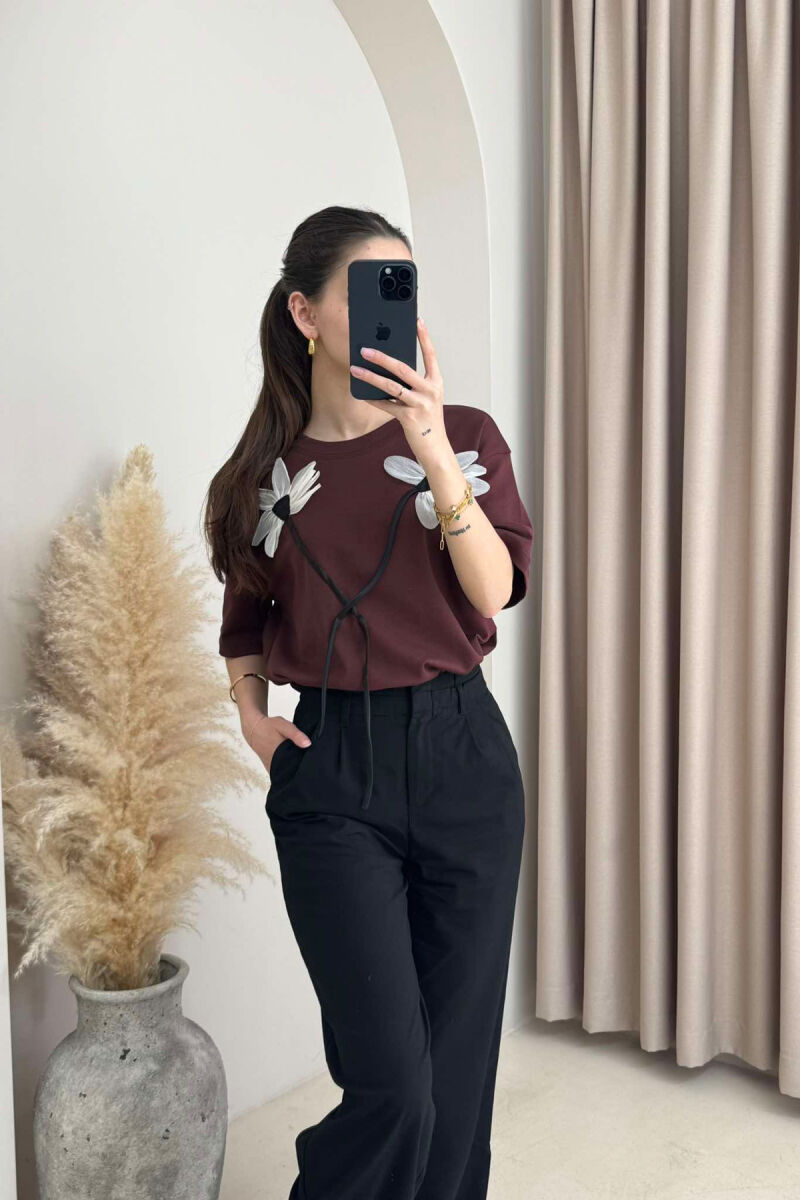 FRONT FLOWERS DESIGN WOMEN T-SHIRT BROWN/KAFE - 5