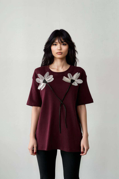 FRONT FLOWERS DESIGN WOMEN T-SHIRT BURGUNDY/VISHNJE 