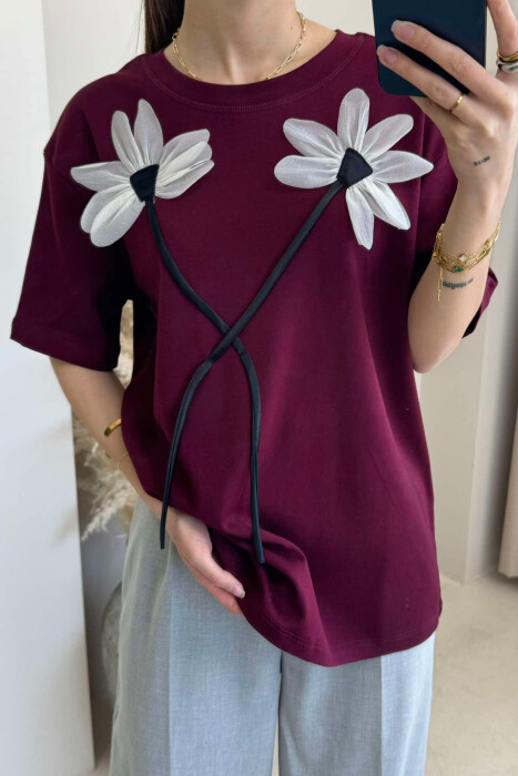 FRONT FLOWERS DESIGN WOMEN T-SHIRT BURGUNDY/VISHNJE - 2