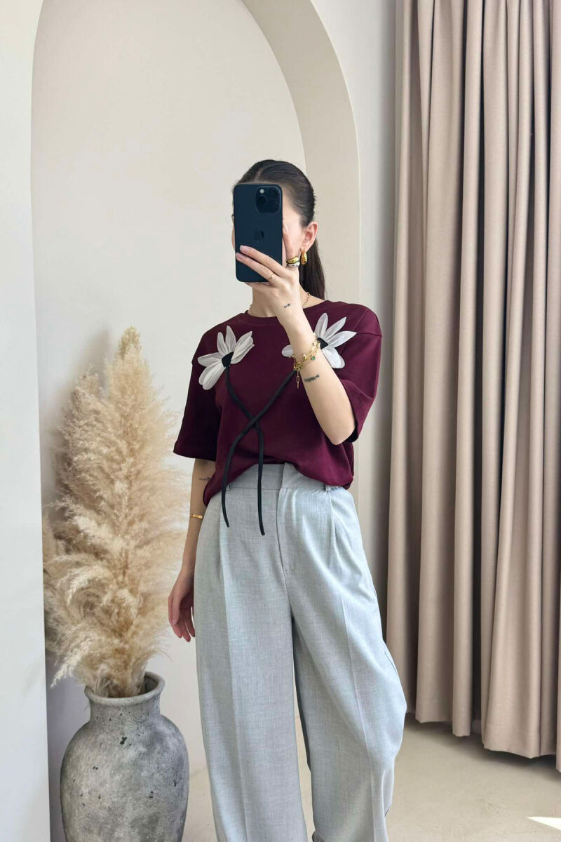 FRONT FLOWERS DESIGN WOMEN T-SHIRT BURGUNDY/VISHNJE - 3