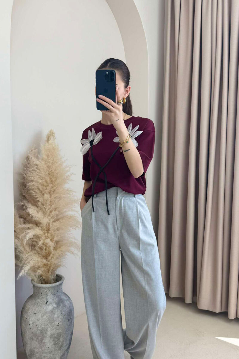 FRONT FLOWERS DESIGN WOMEN T-SHIRT BURGUNDY/VISHNJE - 4