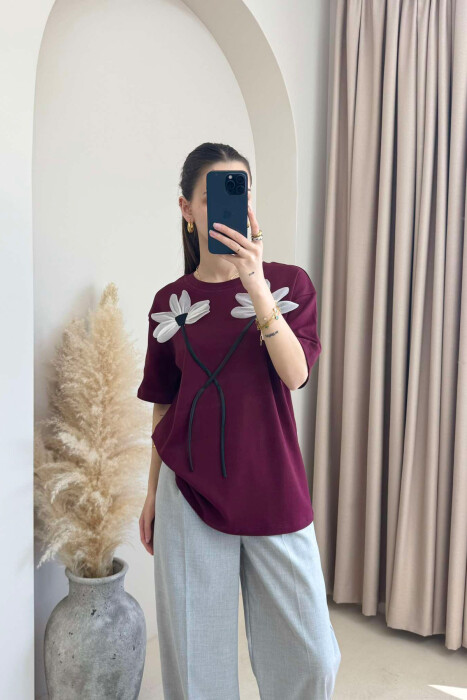 FRONT FLOWERS DESIGN WOMEN T-SHIRT BURGUNDY/VISHNJE - 5