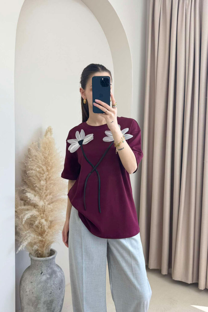 FRONT FLOWERS DESIGN WOMEN T-SHIRT BURGUNDY/VISHNJE - 5