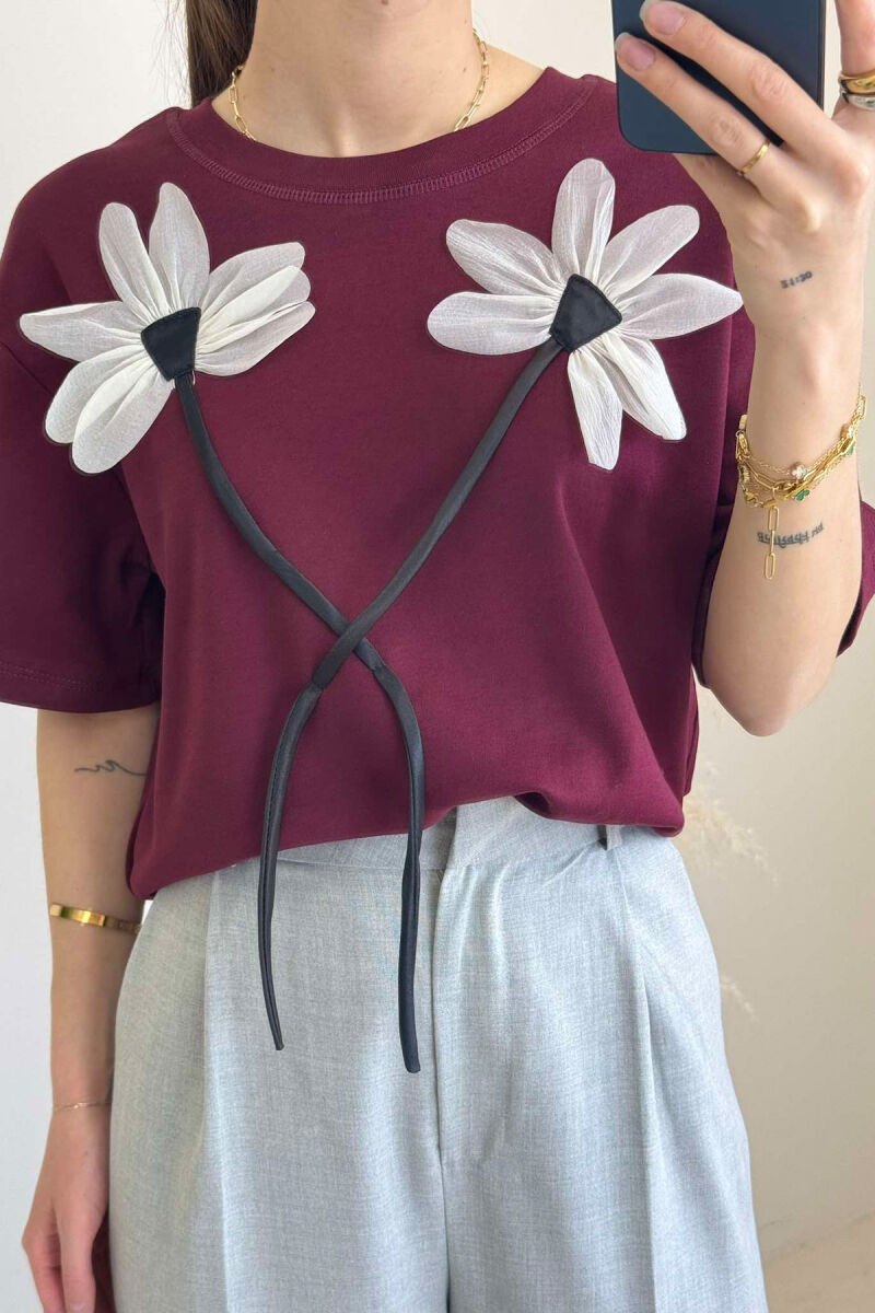 FRONT FLOWERS DESIGN WOMEN T-SHIRT BURGUNDY/VISHNJE - 6
