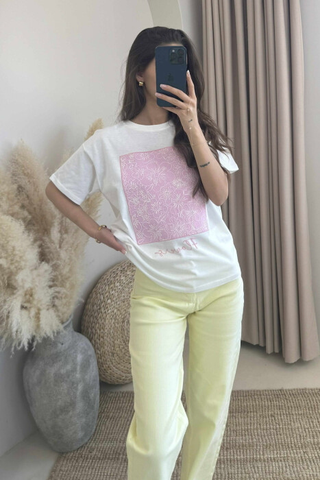 FRONT FLOWERS DESIGN WOMEN T-SHIRT WHITE-E BARDHE - 1