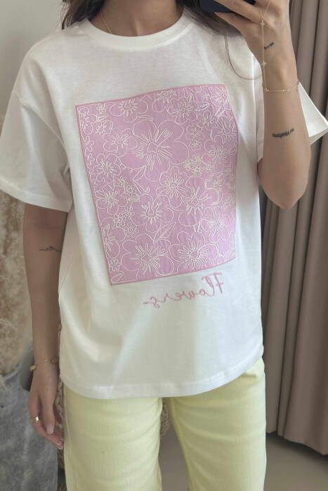 FRONT FLOWERS DESIGN WOMEN T-SHIRT WHITE-E BARDHE - 3