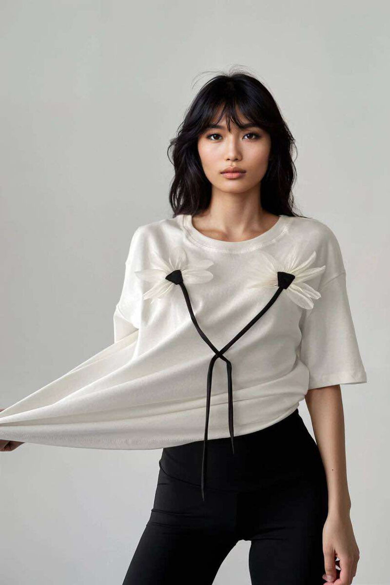 FRONT FLOWERS DESIGN WOMEN T-SHIRT WHITE-E BARDHE - 1