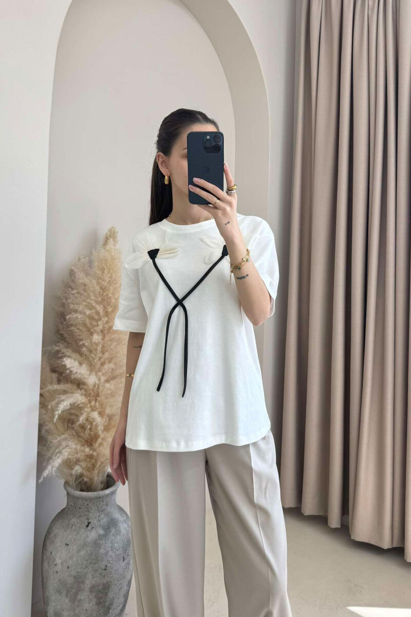 FRONT FLOWERS DESIGN WOMEN T-SHIRT WHITE-E BARDHE - 2