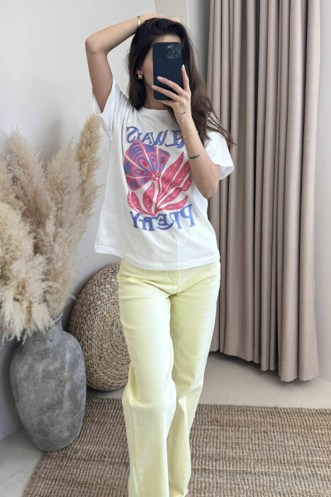 FRONT IMAGE DESIGN ROUND NECK WOMEN T-SHIRT WHITE-E BARDHE - 2