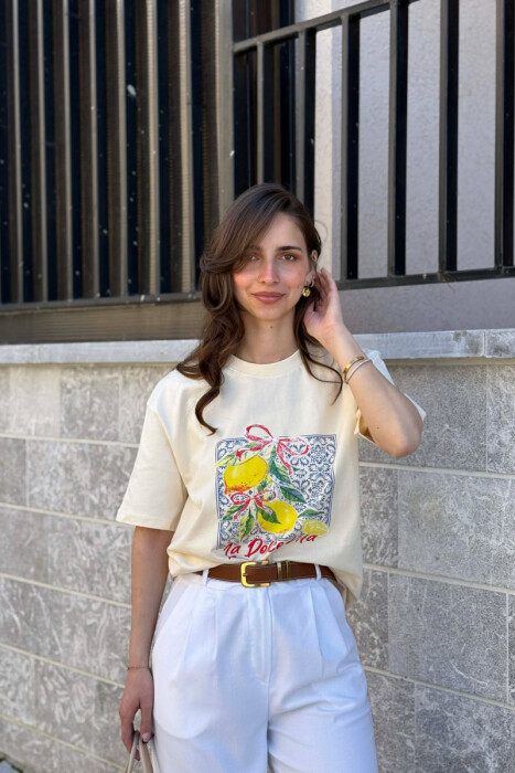 FRONT IMAGE ONE COLOR WOMAN T-SHIRT CREAM/KREM 