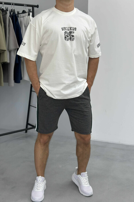 FRONT IMAGE T-SHIRT+SHORTS MEN SET CREAM+GREY/KREM+GRI 
