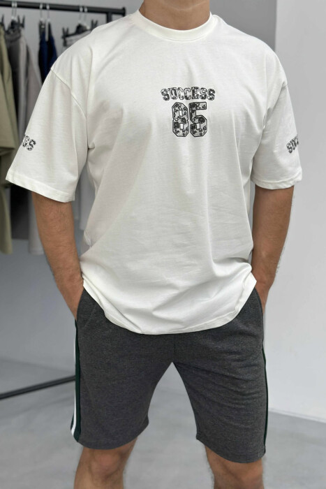 FRONT IMAGE T-SHIRT+SHORTS MEN SET CREAM+GREY/KREM+GRI - 2