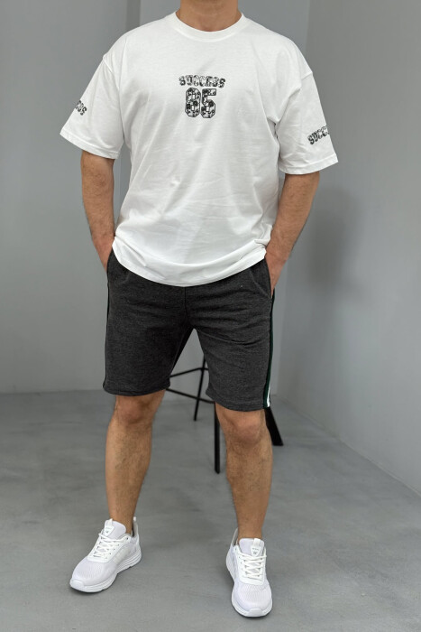 FRONT IMAGE T-SHIRT+SHORTS MEN SET WHITE-DARK GREY/BAGE - 1