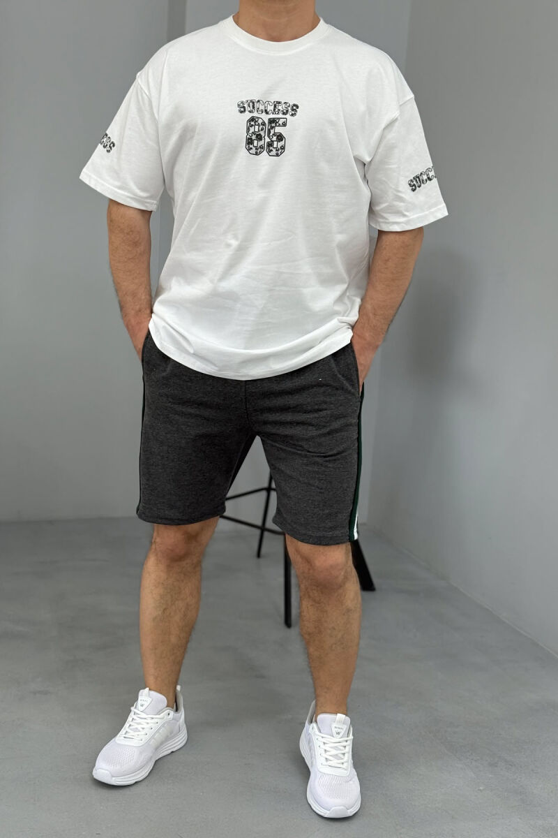 FRONT IMAGE T-SHIRT+SHORTS MEN SET WHITE-DARK GREY/BAGE - 1