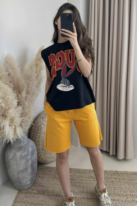 FRONT IMAGE TANK TOP+SHORTS WOMEN SET BLACK-YELLOW/ZEVE - KLAUDIO FASHION