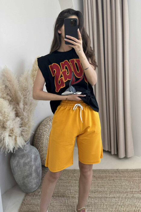 FRONT IMAGE TANK TOP+SHORTS WOMEN SET BLACK-YELLOW/ZEVE - 3