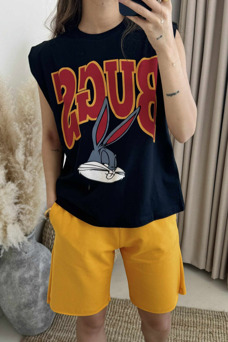 FRONT IMAGE TANK TOP+SHORTS WOMEN SET BLACK-YELLOW/ZEVE - 4