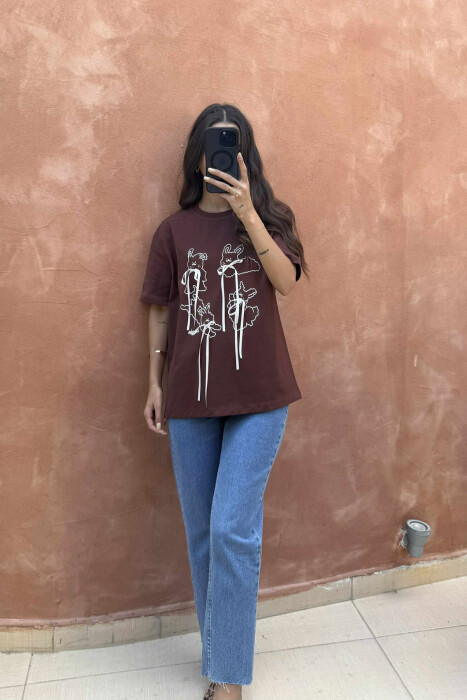 FRONT IMAGES & RIBBONS DETAILS WOMEN T-SHIRT BROWN/KAFE - 1