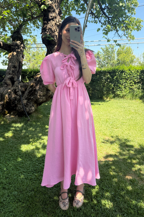 FRONT LACING LINEN LONG WOMEN DRESS PINK/ROZE - 1