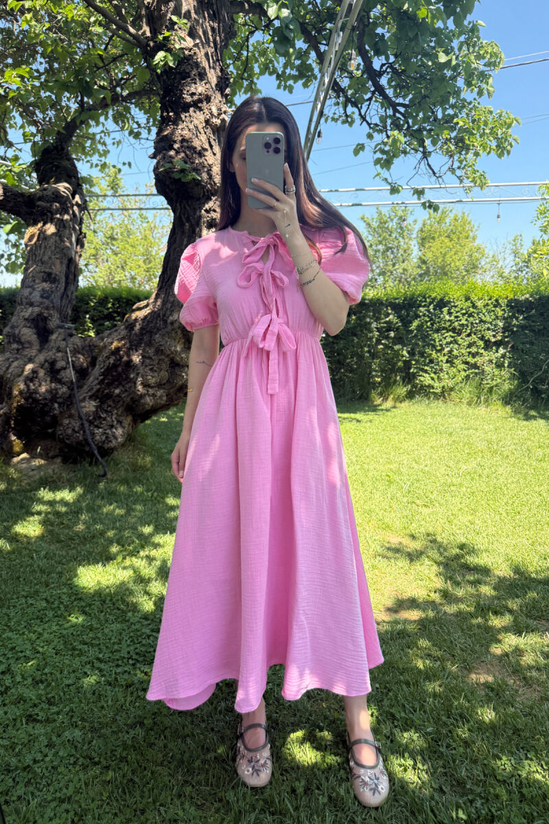FRONT LACING LINEN LONG WOMEN DRESS PINK/ROZE - 2