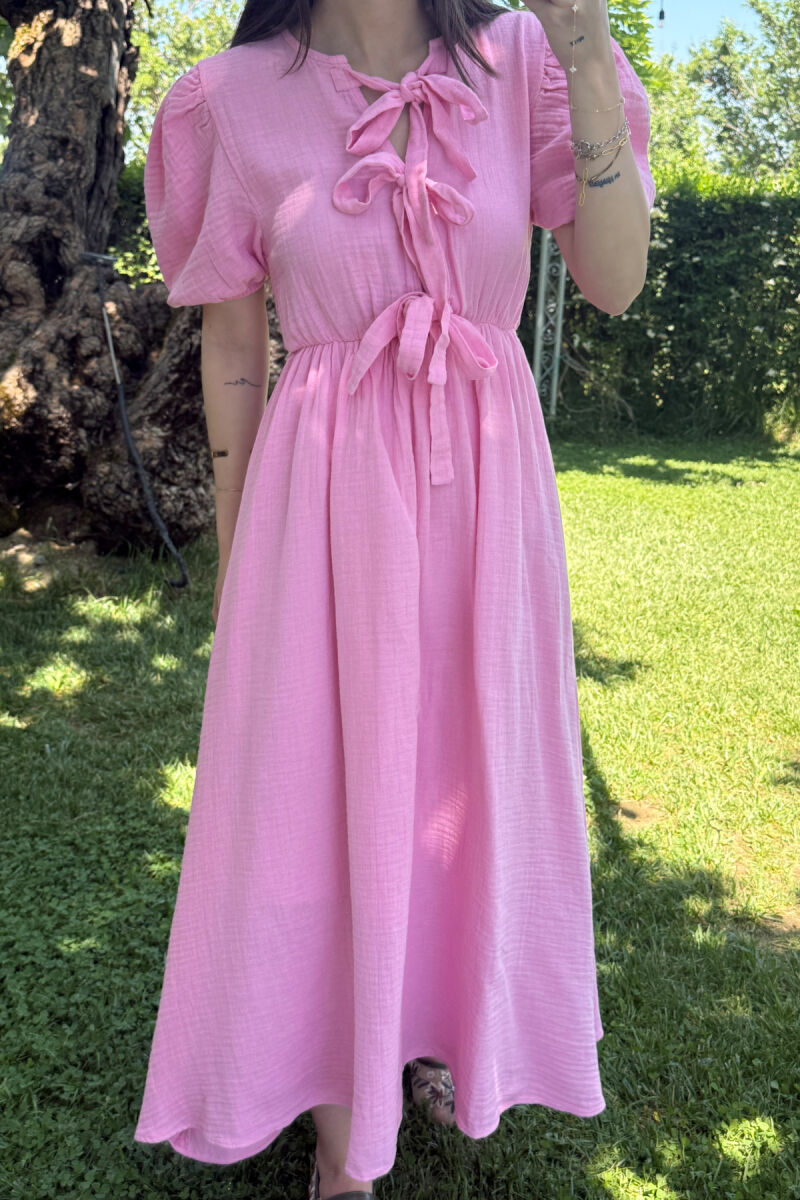 FRONT LACING LINEN LONG WOMEN DRESS PINK/ROZE - 3