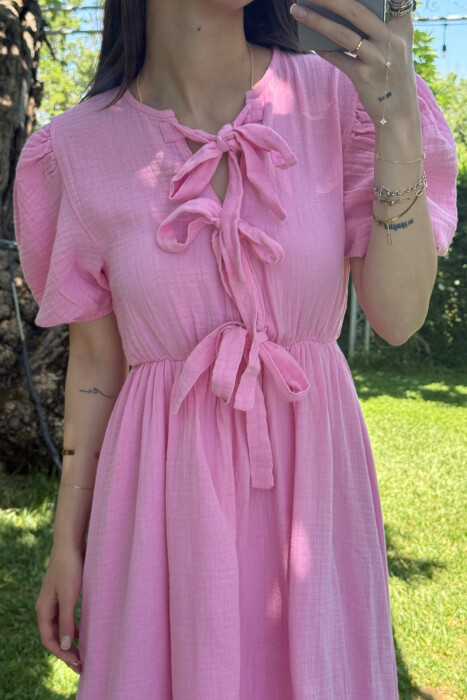 FRONT LACING LINEN LONG WOMEN DRESS PINK/ROZE - 4