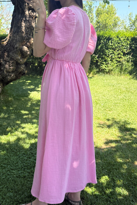 FRONT LACING LINEN LONG WOMEN DRESS PINK/ROZE - 5